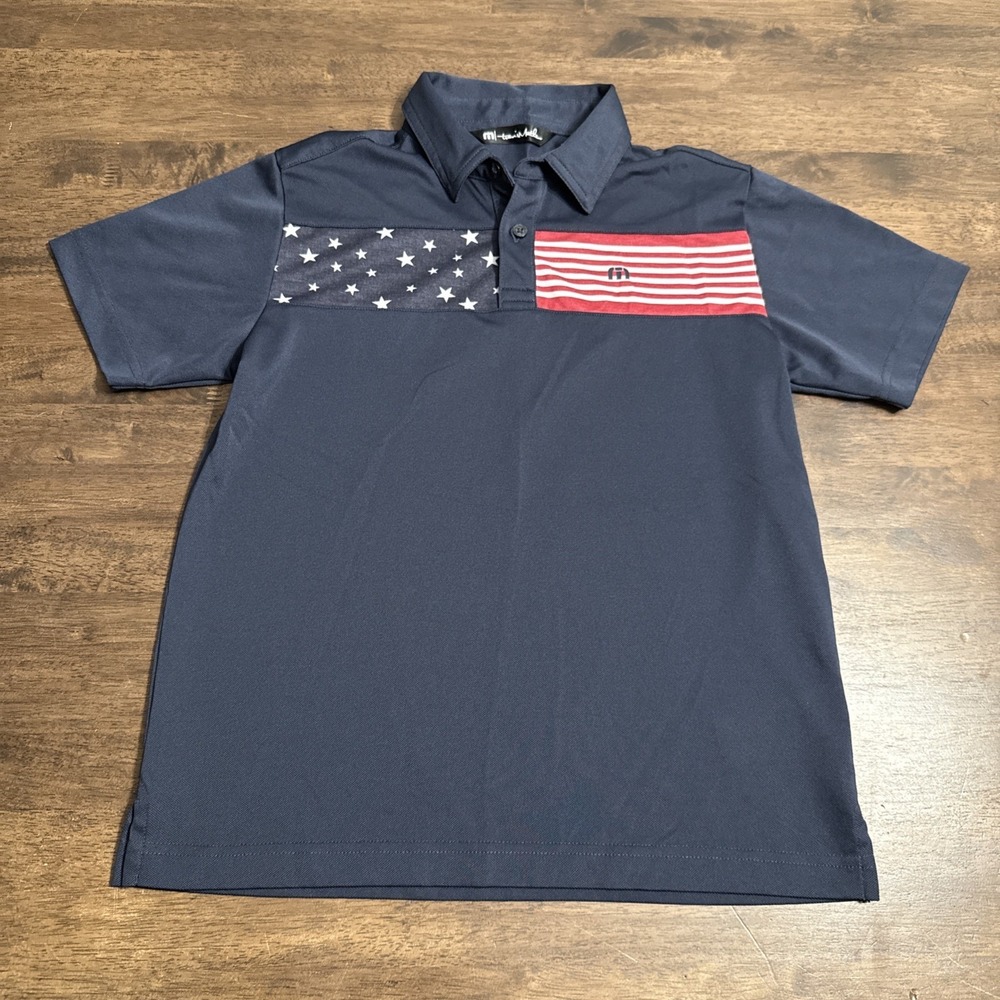 Travis Mathew Shirt Boys Medium S/S Polo Golf Lightweight USA Flag Patriotic